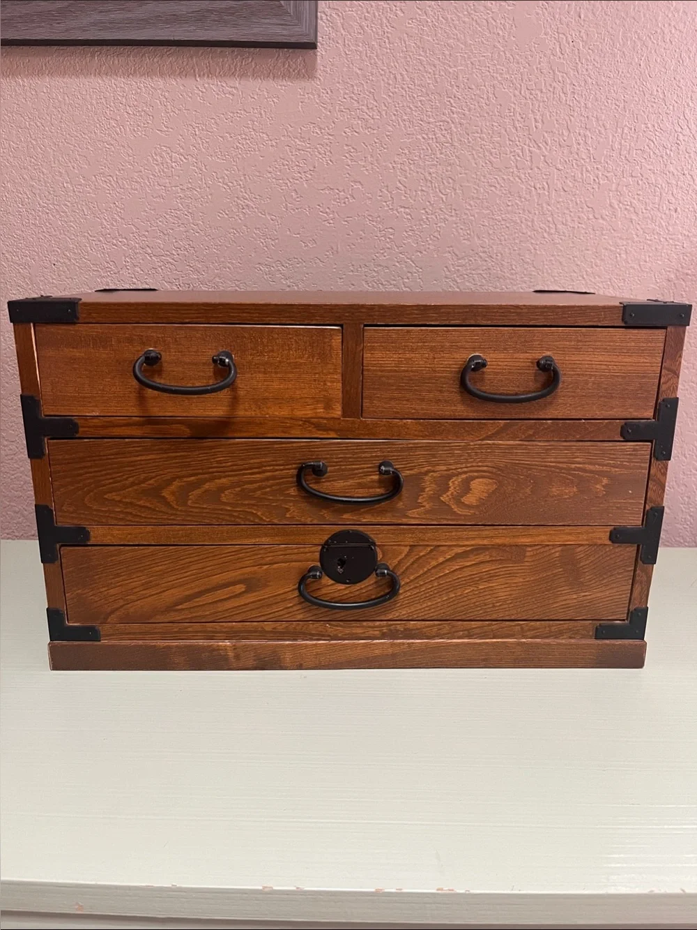 Vintage Wooden 4-Drawer Jewelry & Storage Chest - Brown - 9.5x15.5”